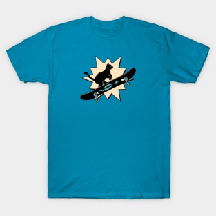 Cool Skater Black Cat in blue T-Shirt